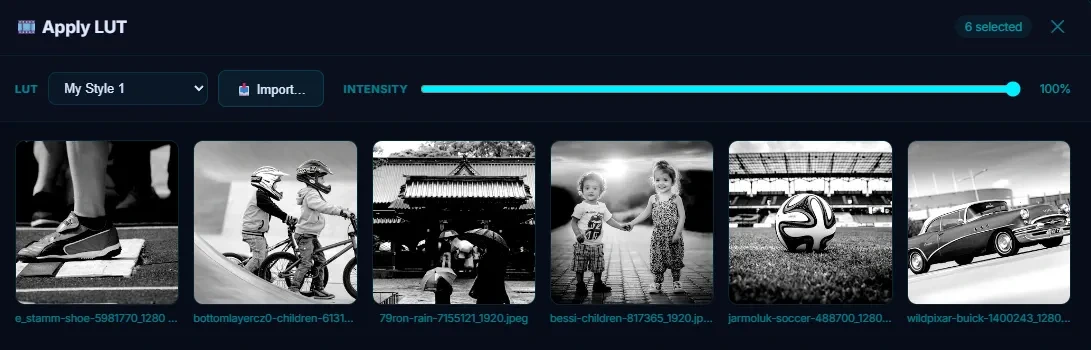 The same Apply LUT dialog with the intensity slider at 100%. All six previews are graded by the selected LUT