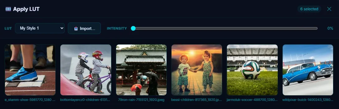 The Pluto Photos Apply LUT dialog with six photos selected and the intensity slider at 0%, showing the ungraded originals