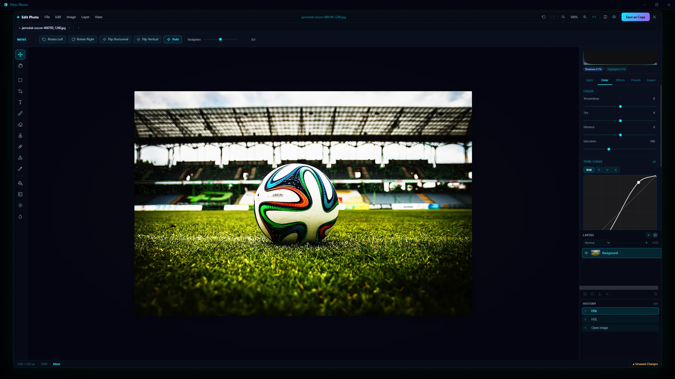 Pluto Photos image editor with a multi-layer composition, cut-out subjects, text layer, and full edit history
