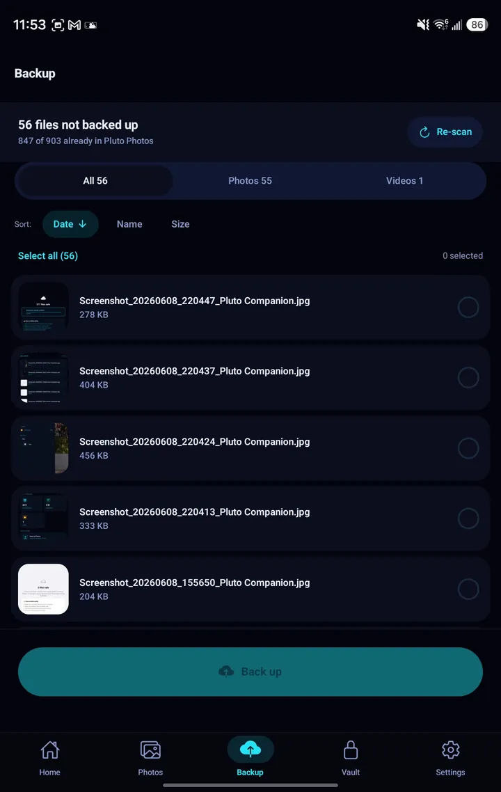 Pluto Companion backup screen listing the phone photos not yet in your library