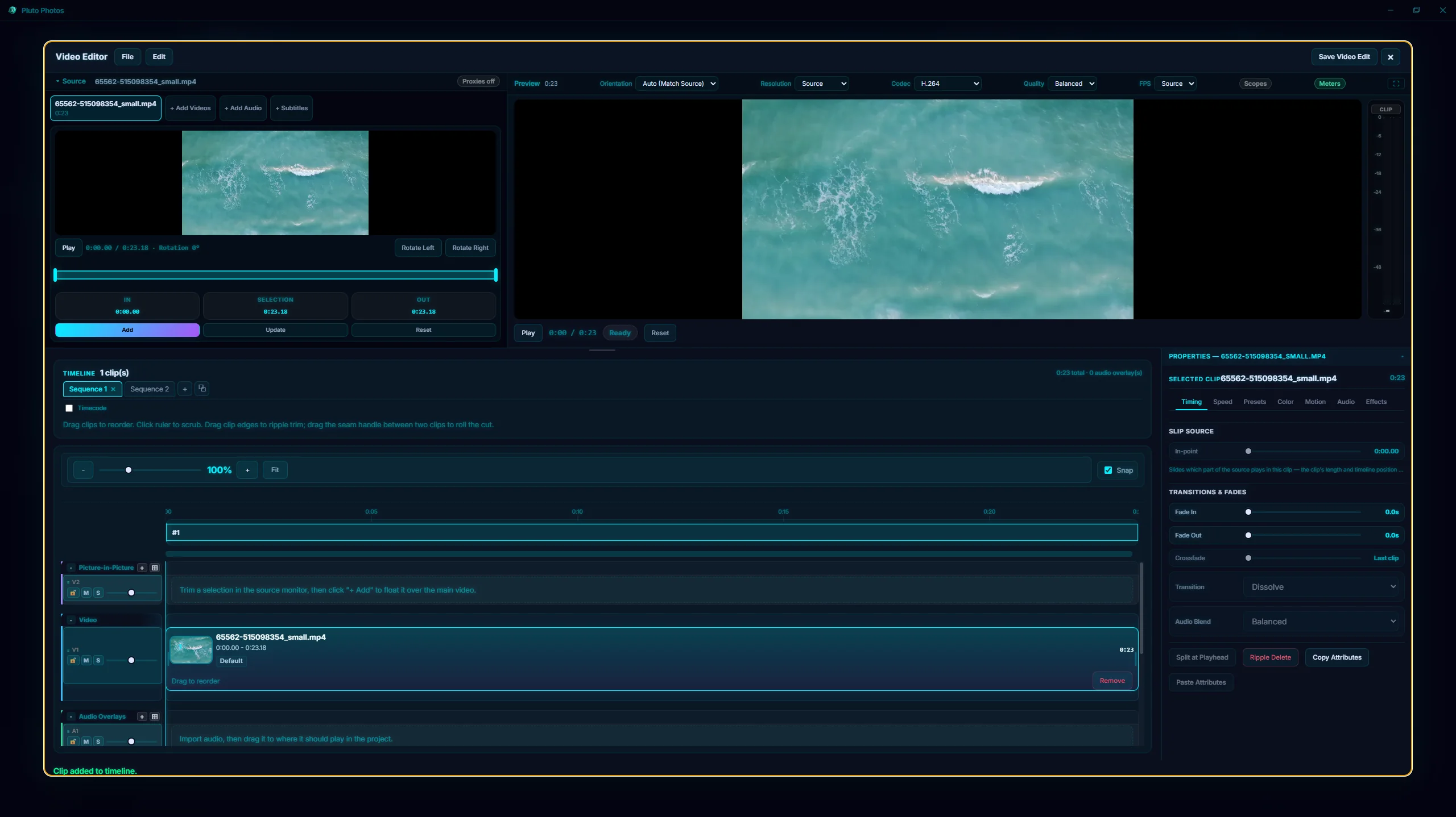 The Pluto Photos video editor with two sequence tabs above the timeline, and a clip loaded on the current sequence with its Picture-in-Picture, Video and Audio Overlay tracks visible