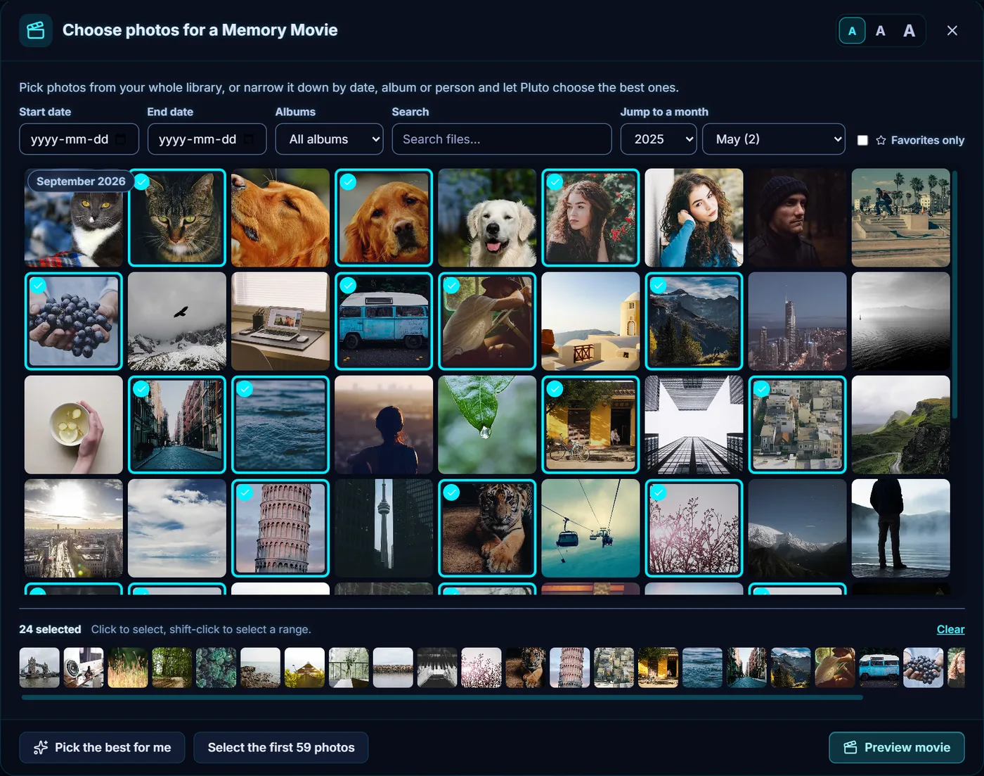 The Memory Movie photo picker in Pluto Photos, with a library of photos and 24 of them chosen